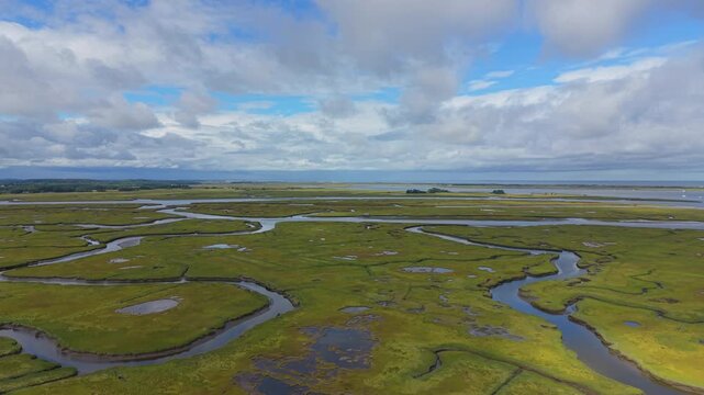 Meandering tidal rivers carve channels through marsh grassland, pools dot golden green vegetation, distant grey ocean stretches beyond Ipswich Salt Marsh, Massachusetts. Aerial drone descend wide shot