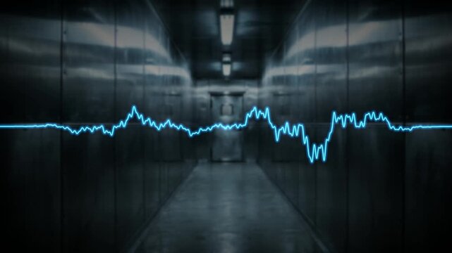 Neon blue audio wave pulse in dark industrial corridor background with cinematic lighting and rhythmic motion.