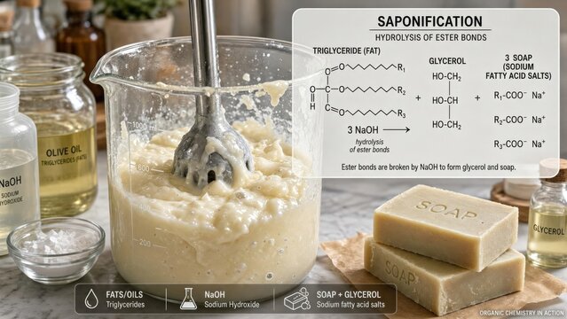 Saponification soap-making chemical reaction process with a zoomed inset showing a triglyceride reacting with sodium hydroxide to yield glycerol and sodium fatty acid salts via ester bond hydrolysis