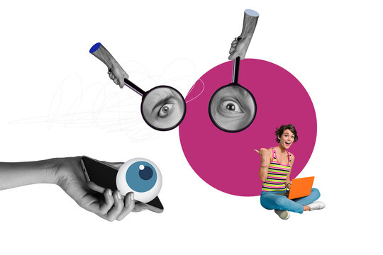 Creative collage young woman magnifying loop enlarger smartphone digital device cyber security hacker privacy confidentiality