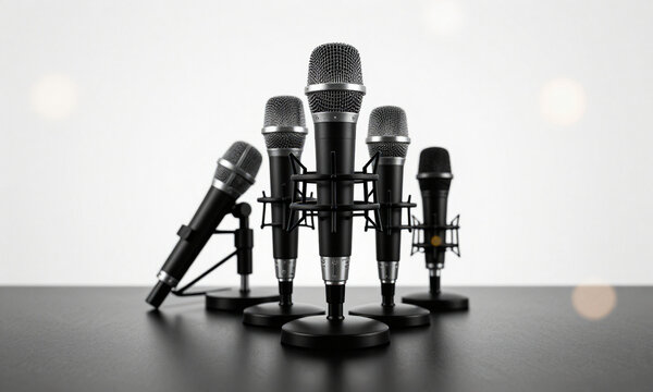 stack microphones arranged slightly asymmetrical manner matte black reflective surface
