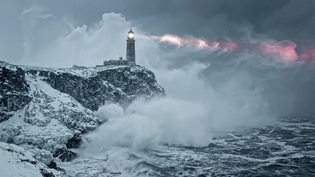 Dramatic lighthouse on a snow-covered cliff battered by stormy seas under a moody sky