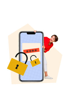 Composite trend artwork 3D sketch image photo collage of cyberbully attack password lock open huge smartphone display young lady stand