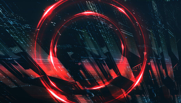 Abstract digital background with glowing red neon circles and data matrix grid 3d render