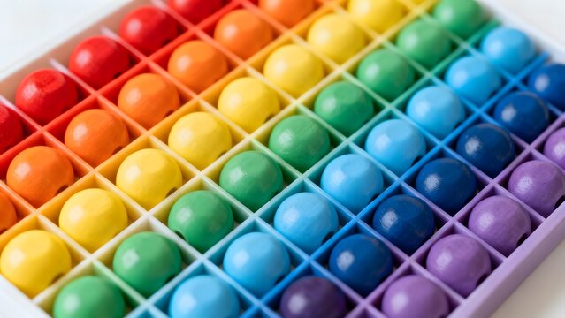 Bright colorful wooden bead toy arranged neatly in rows for kids learning and creative play with rainbow colors
