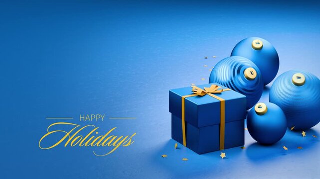 Christmas present box and christmas baubles in blue on blue background. Star confetti falling down. English language Happy Holidays message appearing and dissolving.