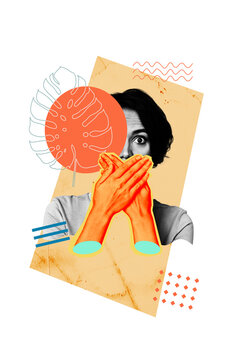 Vertical photo collage of scared girl hands shut mouth voiceless censorship palms leaf mute secret gossip isolated on painted background