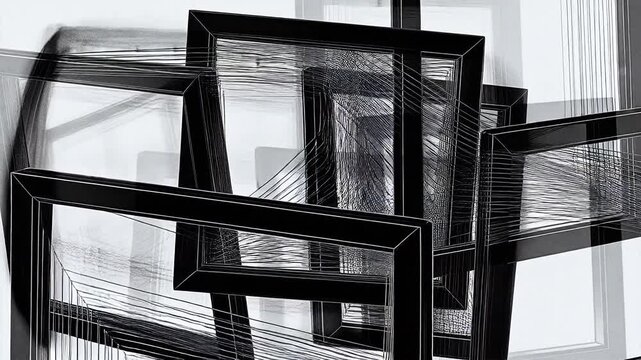 Abstract geometric composition of interlaced cubic frames and lines