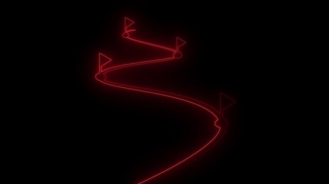 Glowing red neon winding road roadmap with destination flag markers isolated on a black background. Modern futuristic timeline element representing journey milestones and achievements.
