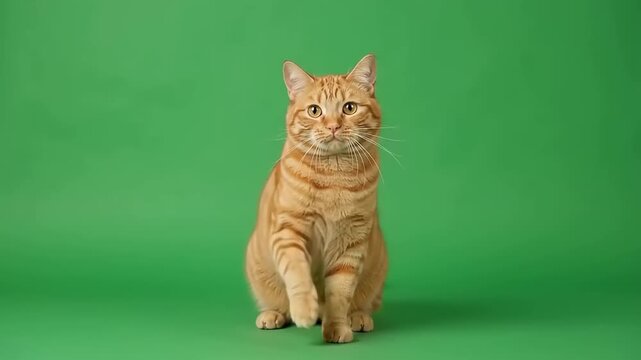 A playful ginger tabby cat standing on a bright green screen, perfect for Green Screen Animal Dancing animations