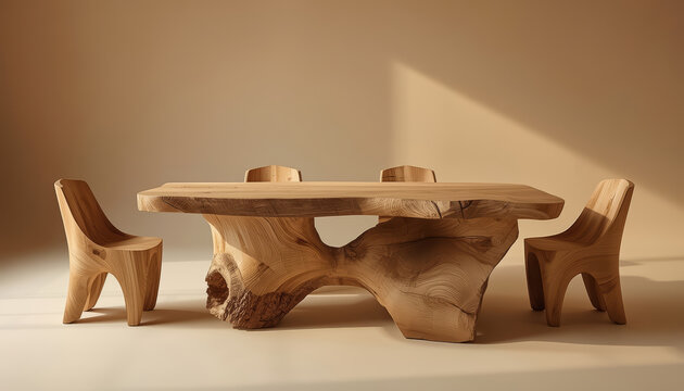 A wooden dining table set inside the house.