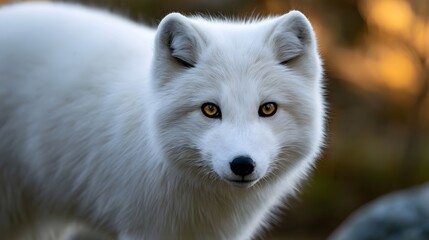 Obraz premium A close up of a white fox with bright amber eyes looking directly at the viewer against a softly blurred golden background