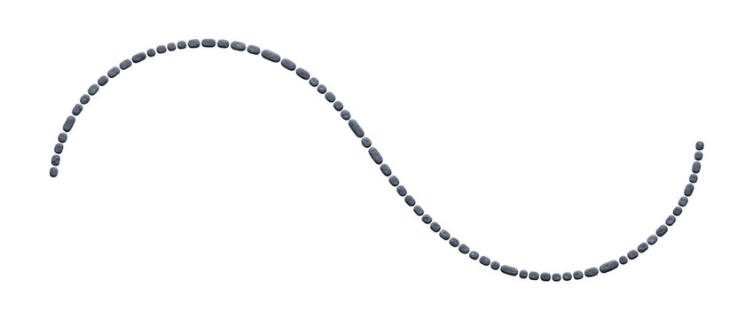 Dotted sinusoidal curved trajectory wave path on transparent background, horizontal black and grey dotted trail winding in smooth harmonic curve. Mathematical graph delivers clear trajectory.