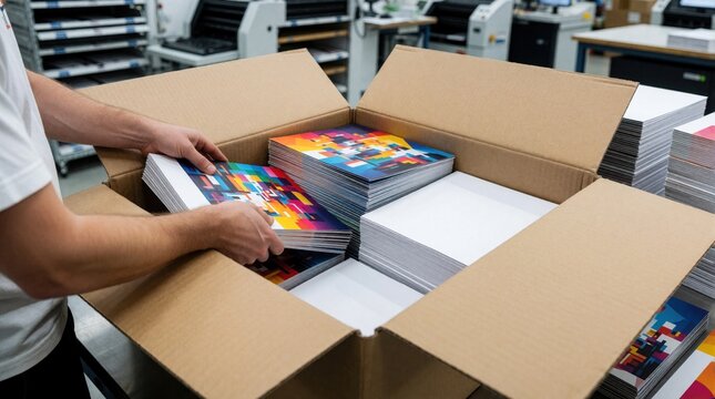 Worker packs colorful printed brochures into cardboard box in printing facility. Stacks of paper materials sorted for shipment. Industrial production line process.