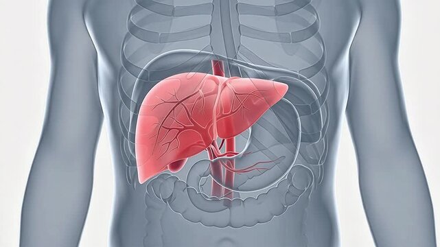 3D medical illustration of the human liver and digestive system within a transparent male body showing the internal organs and ribcage.
