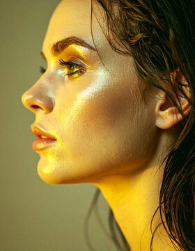 光の反射で輝き、シャープなフェイスラインと澄んだ肌を持つ女性の美しい横顔のクローズアップポートレート