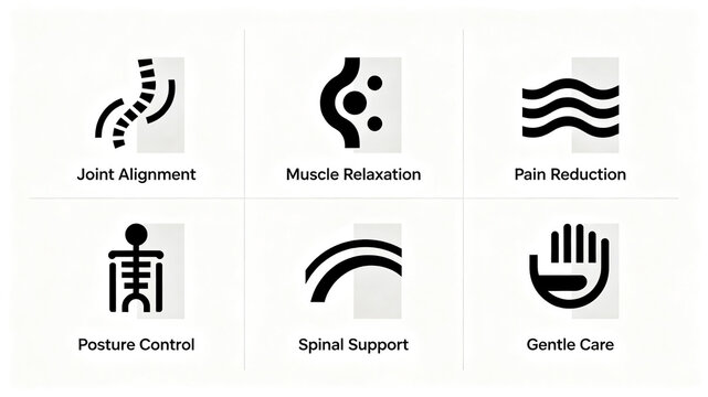 Skeletal therapy health vector icon set, representing the concept of spinal support and pain relief, suitable for promoting materials for lumbar and spinal rehabilitation products.
