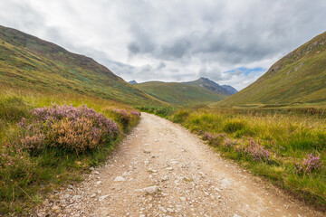 Fototapeta premium Dappled path winds through wild green hills of Glen Rosa, Arran