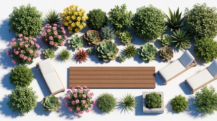 Obraz premium Top view of garden elements arranged on white background including diverse plants shrubs, flowers outdoor furniture deck chairs, wood panel. Various succulents, bushes add texture, color to scene.