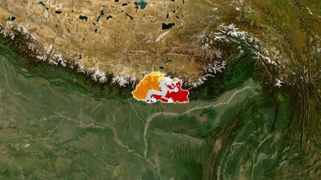 Bhutan Map and National Flag Earth Zoom In Satellite Animation