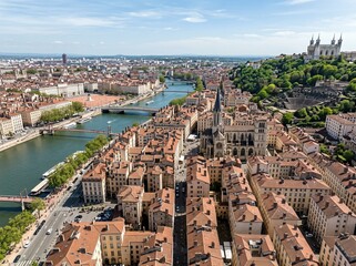 Fototapeta premium From above, the historic center of Lyon appears under a bright spring sky in France