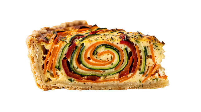 Vegetable tart slice with spiral zucchini and carrots, savory quiche piece on white background, gourmet vegetarian pastry with colorful vegetable layers