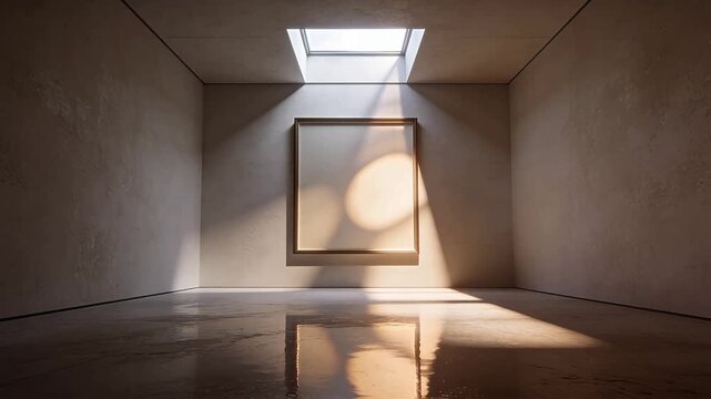 Minimalist white room with skylight and empty frame on wall