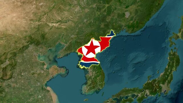 North Korea Country Map and National Flag Satellite Earth Zoom Animation