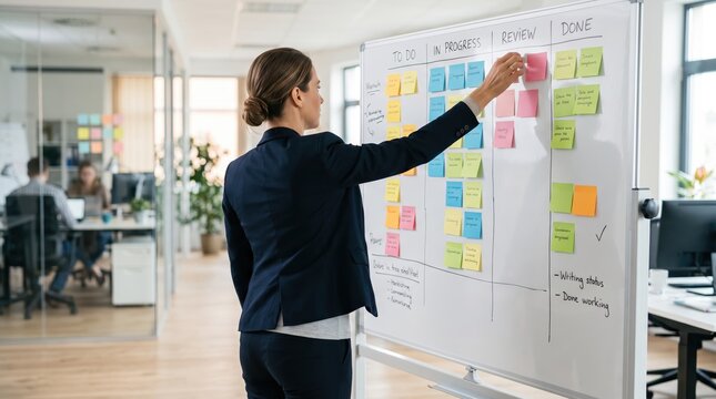 Project manager organizing tasks on whiteboard with sticky notes in agile workflow, kanban board system for team productivity, business planning and strategy development concept