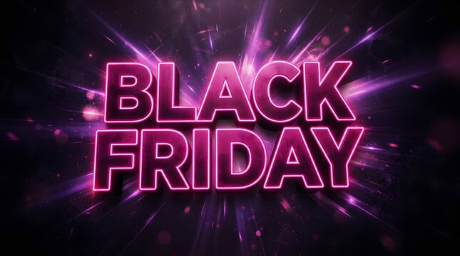 Black friday neon sign with bright pink glowing text and dynamic light rays on a dark background