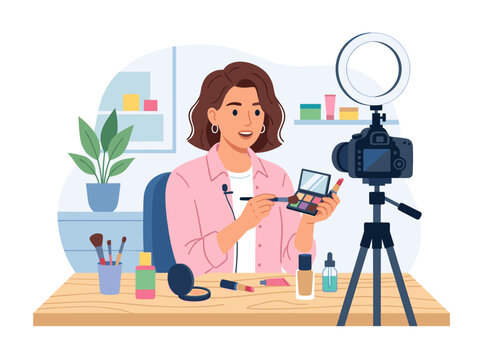 A beauty blogger is filming a makeup tutorial for her vlog, speaking while showcasing cosmetic products in front of the camera, depicted as a colored flat vector illustration of the vlogger against a