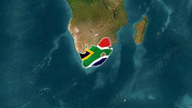 South Africa Map and National Flag Earth Zoom In Satellite Animation