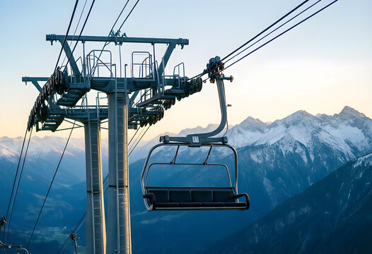 Ski tourism and winter travel, empty chairlift moving over snowy mountain peaks at sunset for alpine vacation and outdoor adventure sports industry
