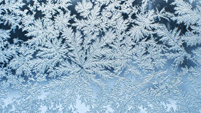 Close-up of frost patterns on a window pane with water droplets, winter background