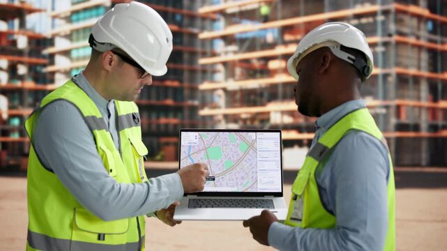 Civil Engineer And Contractor Discussing Land Survey Plans On-site