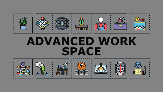 Advanced work space banner infographic. Office meeting, technology organization, desk planning icon vector illustration