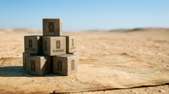 Oil reserve box on desert map reflects energy crisis and resource scarcity