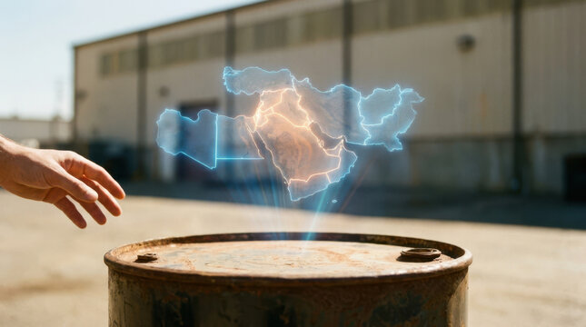 Oil energy crisis concept with glowing map hovering above rusty barrel, symbolizing supply disruption, industry risk, and uncertain global demand