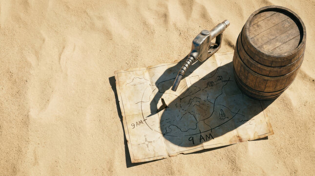 Antique barrel map compass oil energy crisis evoke exploration across sunlit desert landscape