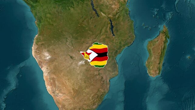 Zimbabwe Country Map and National Flag Satellite Earth Zoom Animation