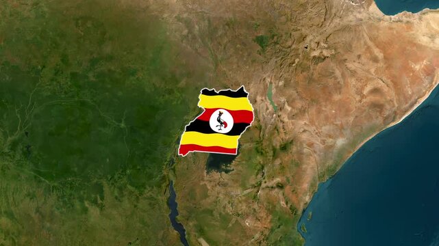 Uganda Country Map and National Flag Satellite Earth Zoom Animation