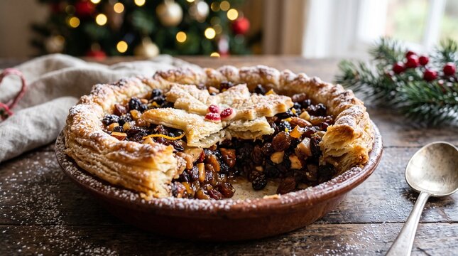 Delicious homemade Christmas fruit pie with flaky pastry crust dusted with powdered sugar on a rustic wooden table