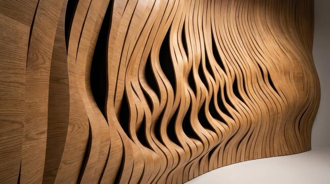Abstract wavy parametric wooden wall architectural design.