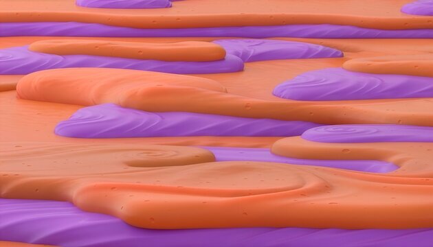 オレンジとパープルのなめらかな流体層が重なる立体的な抽象背景　Abstract Background Overlapping Smooth Fluid Layers in Orange and Purple