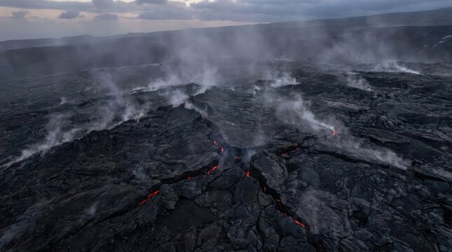 Aerial view of volcanic lava flow and steam.