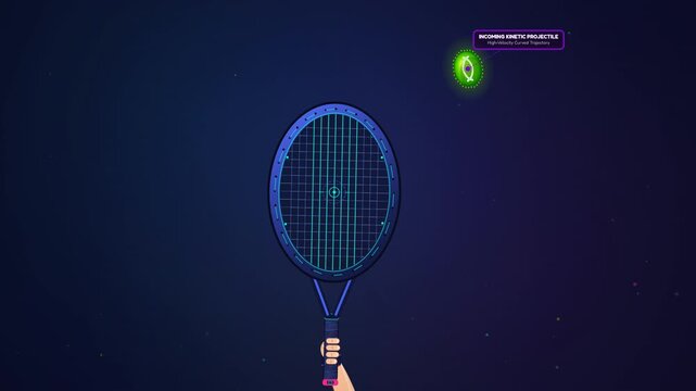 2D animation explaining the physics of a tennis racket sweet spot showing kinetic projectile impact transverse wave propagation destructive interference and elastic energy rebound dynamics