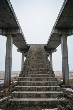 Concrete stairs rise toward sky on unfinished bridge. Outdoor structure leads nowhere in barren landscape. Abandoned architecture symbolizes futility or progress halted.
