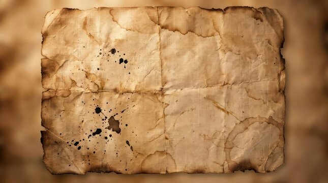 Aged vintage parchment paper with burnt edges and stains.