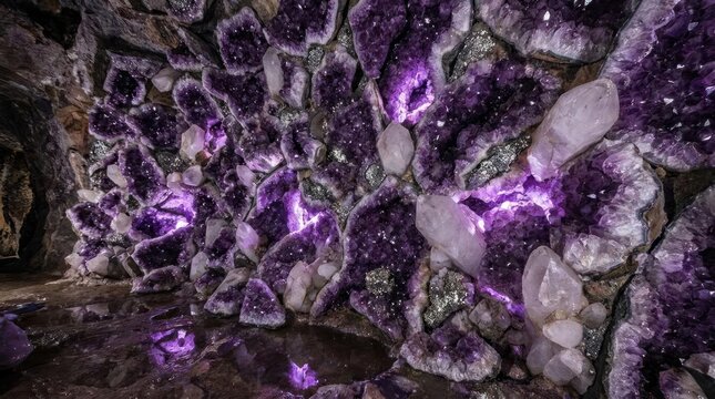 Amethyst crystal geode cave with glowing purple minerals.
