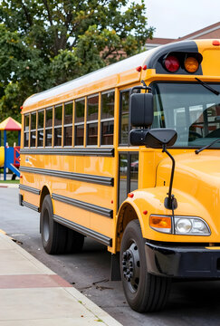 Education and school transportation, yellow school bus parked at a playground for student commute and academic year morning routine in a suburban area